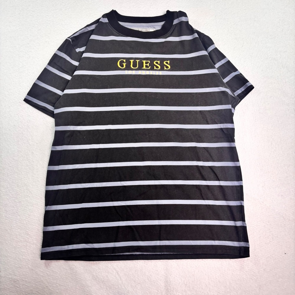 GUESS Originals Striped Embroidered Logo T Shirt Mens Medium Black Gray Y2K Tee